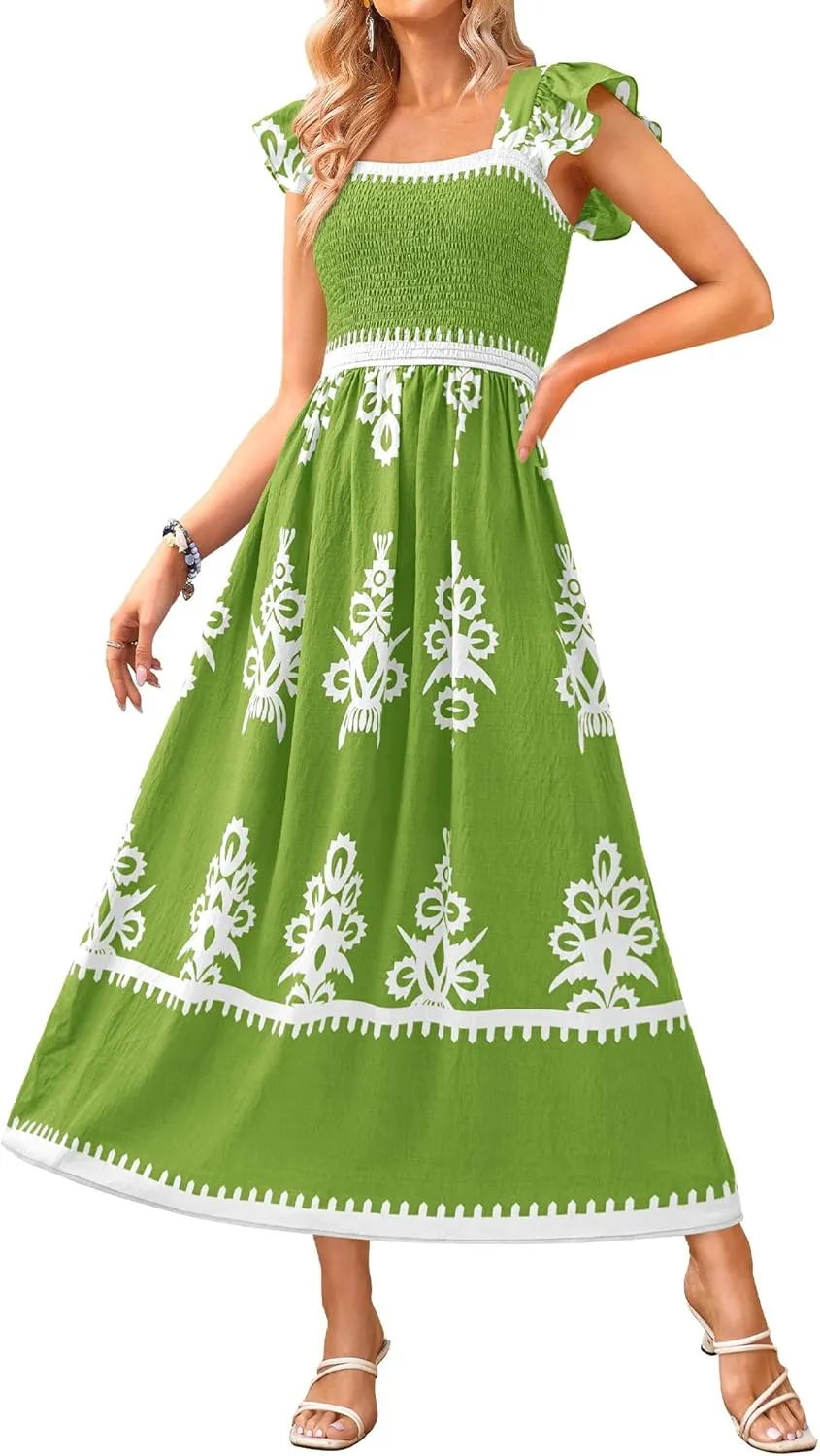 BTFBM Summer Dresses for Women 2025 Floral Smocked Boho Sleeveless Square Neck A Line Casual Beach Maxi Dress Pockets