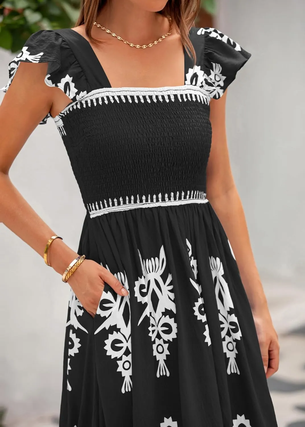 BTFBM Summer Dresses for Women 2025 Floral Smocked Boho Sleeveless Square Neck A Line Casual Beach Maxi Dress Pockets