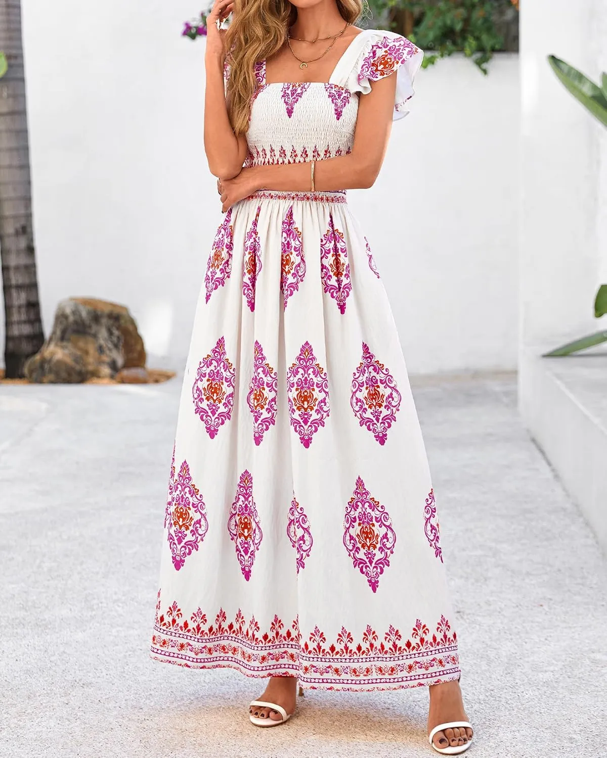 BTFBM Summer Dresses for Women 2025 Floral Smocked Boho Sleeveless Square Neck A Line Casual Beach Maxi Dress Pockets