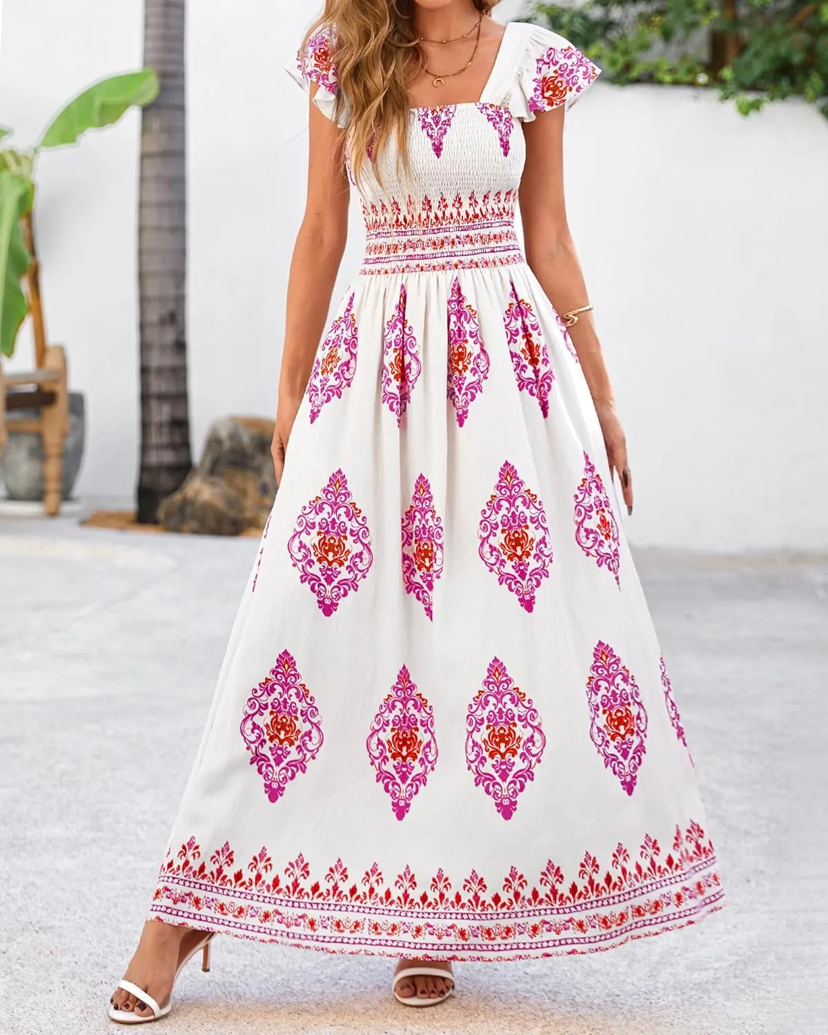 BTFBM Summer Dresses for Women 2025 Floral Smocked Boho Sleeveless Square Neck A Line Casual Beach Maxi Dress Pockets