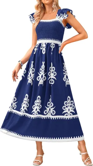 BTFBM Summer Dresses for Women 2025 Floral Smocked Boho Sleeveless Square Neck A Line Casual Beach Maxi Dress Pockets