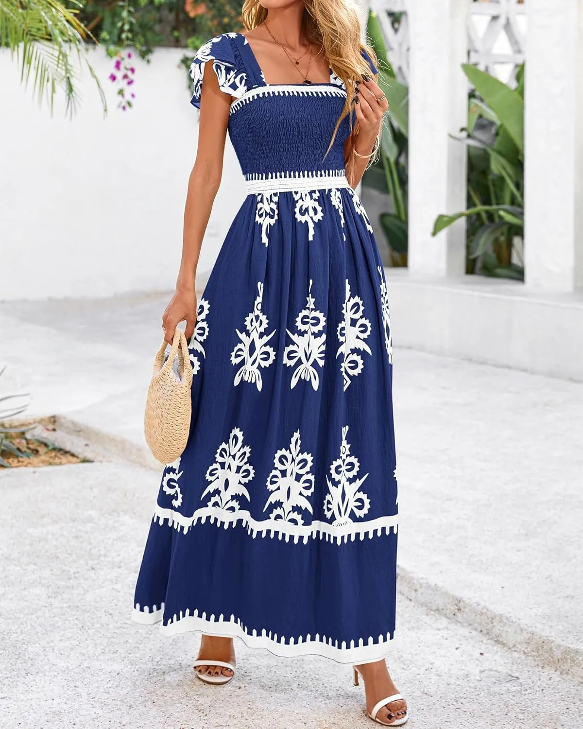 BTFBM Summer Dresses for Women 2025 Floral Smocked Boho Sleeveless Square Neck A Line Casual Beach Maxi Dress Pockets