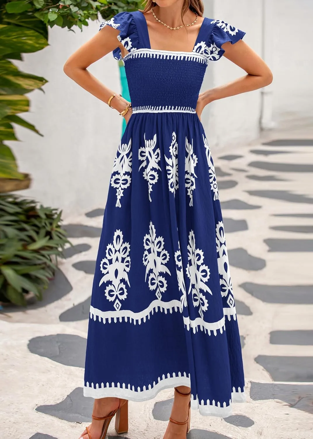 BTFBM Summer Dresses for Women 2025 Floral Smocked Boho Sleeveless Square Neck A Line Casual Beach Maxi Dress Pockets