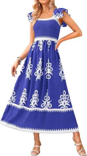 BTFBM Summer Dresses for Women 2025 Floral Smocked Boho Sleeveless Square Neck A Line Casual Beach Maxi Dress Pockets