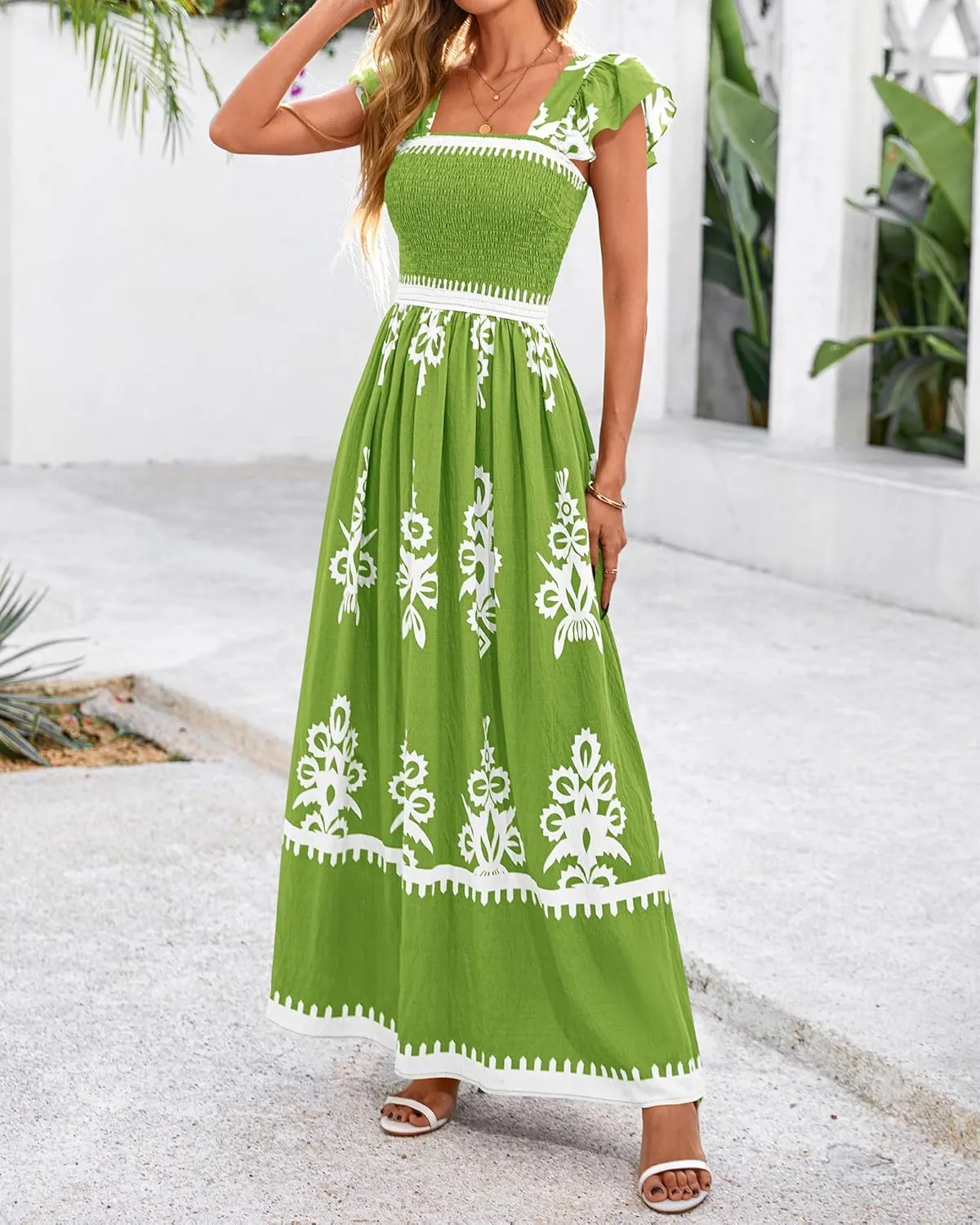 BTFBM Summer Dresses for Women 2025 Floral Smocked Boho Sleeveless Square Neck A Line Casual Beach Maxi Dress Pockets