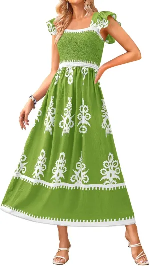 BTFBM Summer Dresses for Women 2025 Floral Smocked Boho Sleeveless Square Neck A Line Casual Beach Maxi Dress Pockets