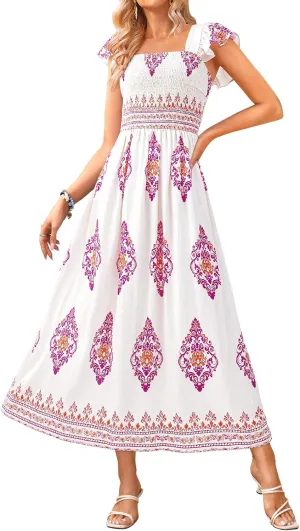 BTFBM Summer Dresses for Women 2025 Floral Smocked Boho Sleeveless Square Neck A Line Casual Beach Maxi Dress Pockets