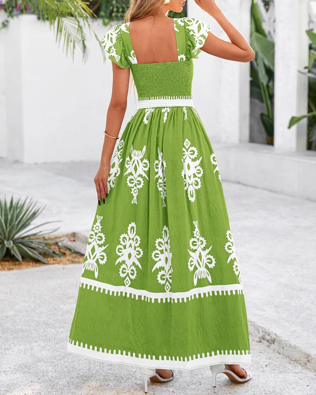 BTFBM Summer Dresses for Women 2025 Floral Smocked Boho Sleeveless Square Neck A Line Casual Beach Maxi Dress Pockets