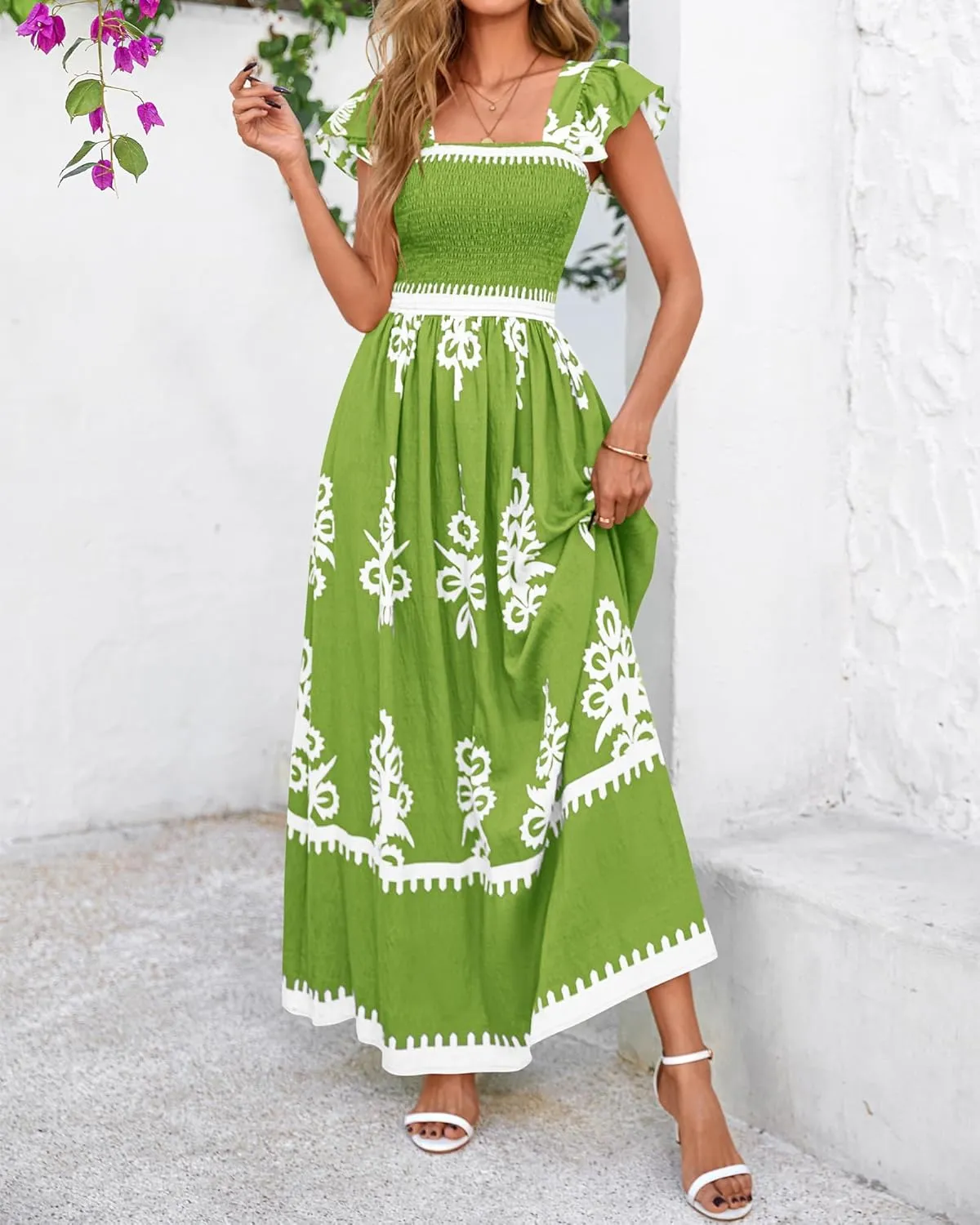 BTFBM Summer Dresses for Women 2025 Floral Smocked Boho Sleeveless Square Neck A Line Casual Beach Maxi Dress Pockets