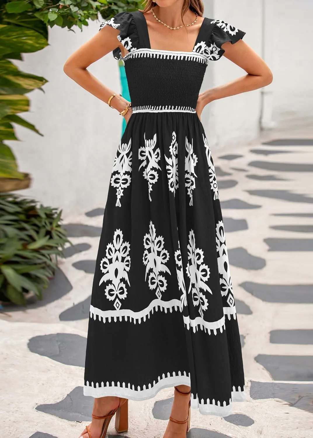 BTFBM Summer Dresses for Women 2025 Floral Smocked Boho Sleeveless Square Neck A Line Casual Beach Maxi Dress Pockets