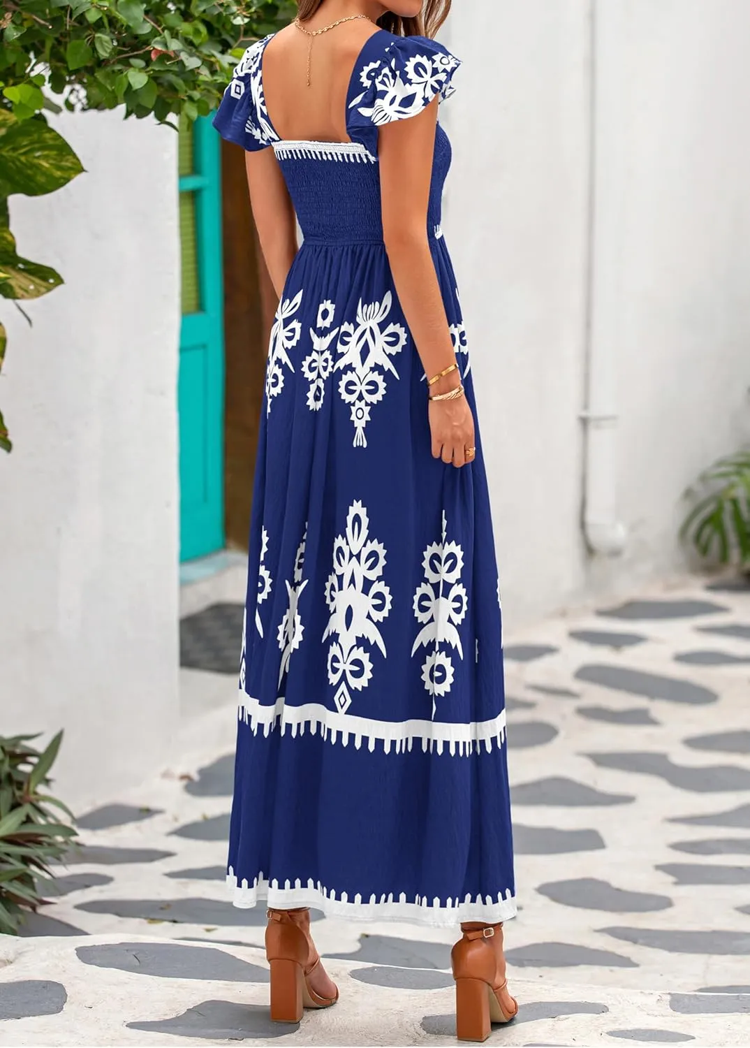 BTFBM Summer Dresses for Women 2025 Floral Smocked Boho Sleeveless Square Neck A Line Casual Beach Maxi Dress Pockets
