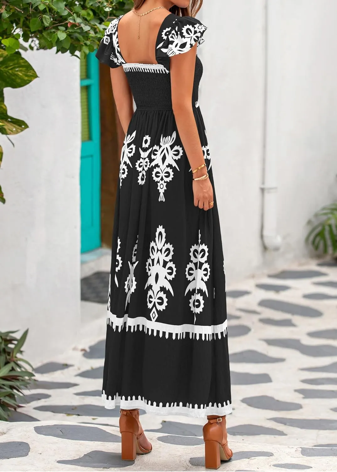 BTFBM Summer Dresses for Women 2025 Floral Smocked Boho Sleeveless Square Neck A Line Casual Beach Maxi Dress Pockets