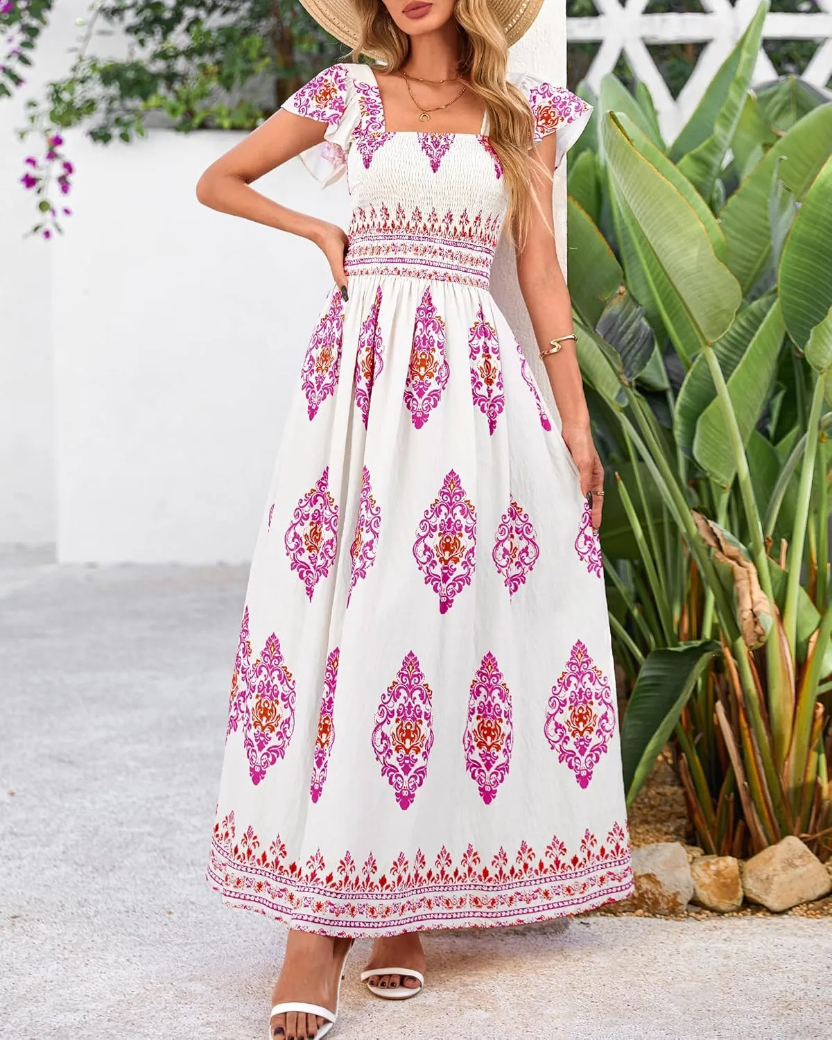 BTFBM Summer Dresses for Women 2025 Floral Smocked Boho Sleeveless Square Neck A Line Casual Beach Maxi Dress Pockets