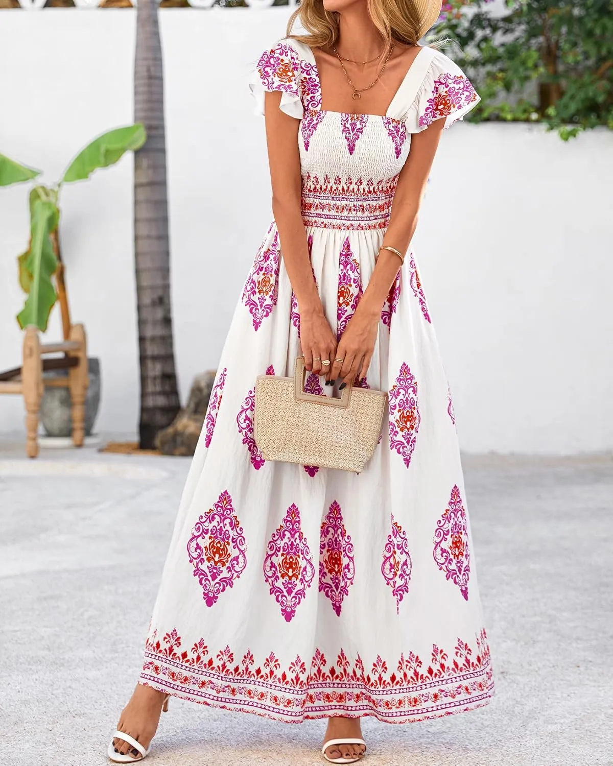 BTFBM Summer Dresses for Women 2025 Floral Smocked Boho Sleeveless Square Neck A Line Casual Beach Maxi Dress Pockets
