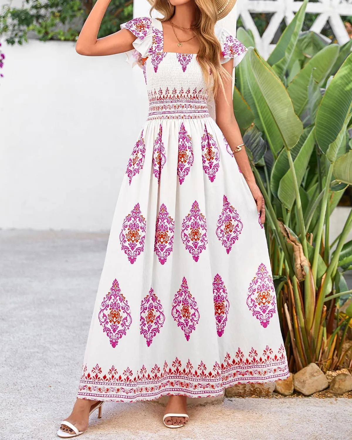 BTFBM Summer Dresses for Women 2025 Floral Smocked Boho Sleeveless Square Neck A Line Casual Beach Maxi Dress Pockets