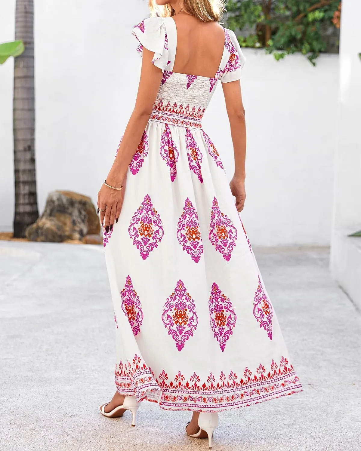 BTFBM Summer Dresses for Women 2025 Floral Smocked Boho Sleeveless Square Neck A Line Casual Beach Maxi Dress Pockets