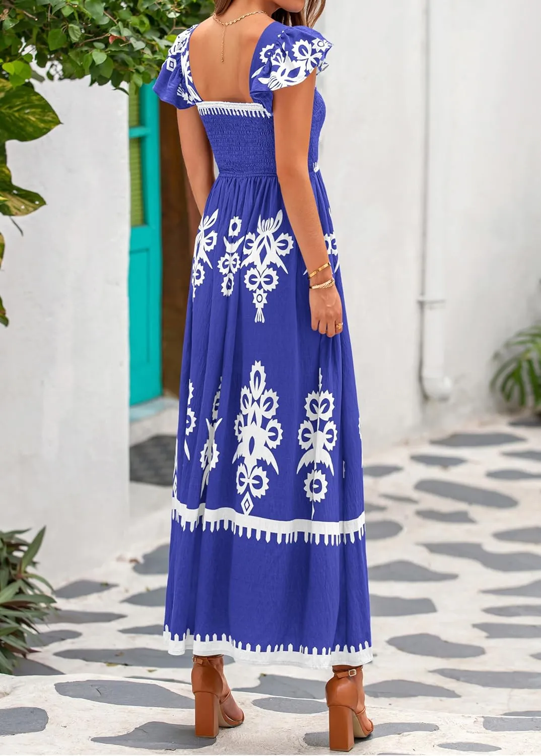 BTFBM Summer Dresses for Women 2025 Floral Smocked Boho Sleeveless Square Neck A Line Casual Beach Maxi Dress Pockets