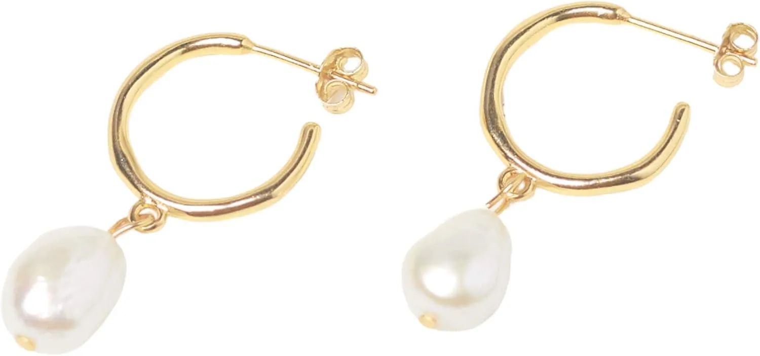 CAITLYNMINIMALIST 18K Gold Plated Sterling Silver Margot Freshwater Pearl Charm Dangle Drop Stud Hoop Earrings for Women
