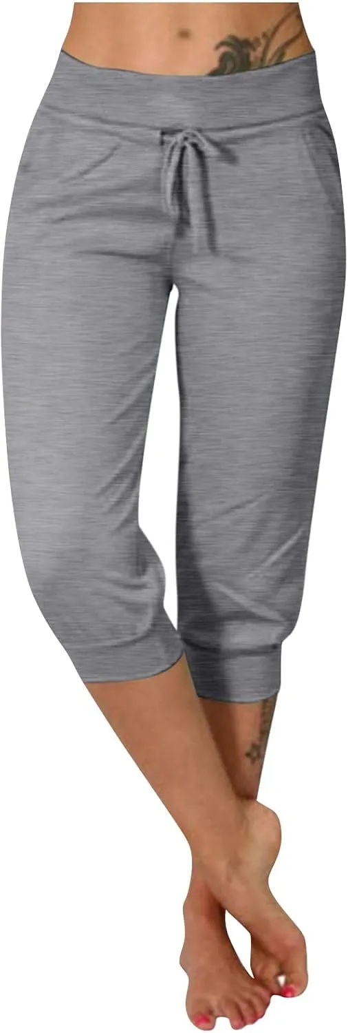Capri Joggers Womens Yoga Pants Drawstring High Waisted Workout Lightweight Pants Comfy Loose Lounge Active Pants