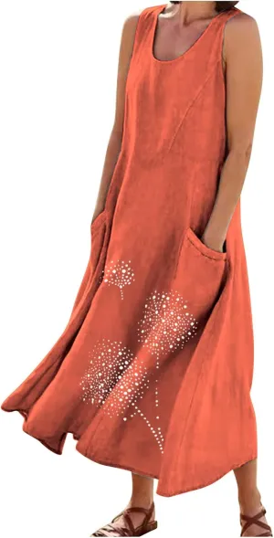 Casual Summer Dresses for Women 2024 Plus Size Sleeveless Flowy Beach Long Dress Dandelion Print Tank Sun Dresses