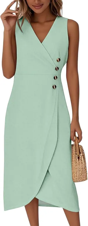 Casual Summer Dresses Spring V Neck Sleeveless Solid Color Flowy Vacation Wedding Guest Sundresses, S-2XL