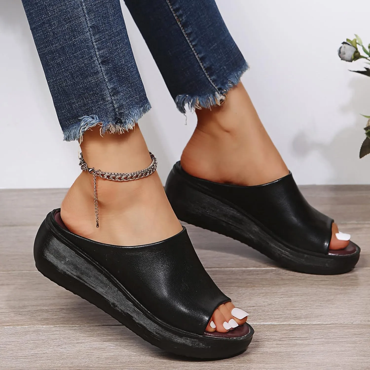 Cathalem Orthopedic Sandals for Women Comfortable Orthotic Leather Wedges Slides Dressy Platform Heel Arch Support Sandals