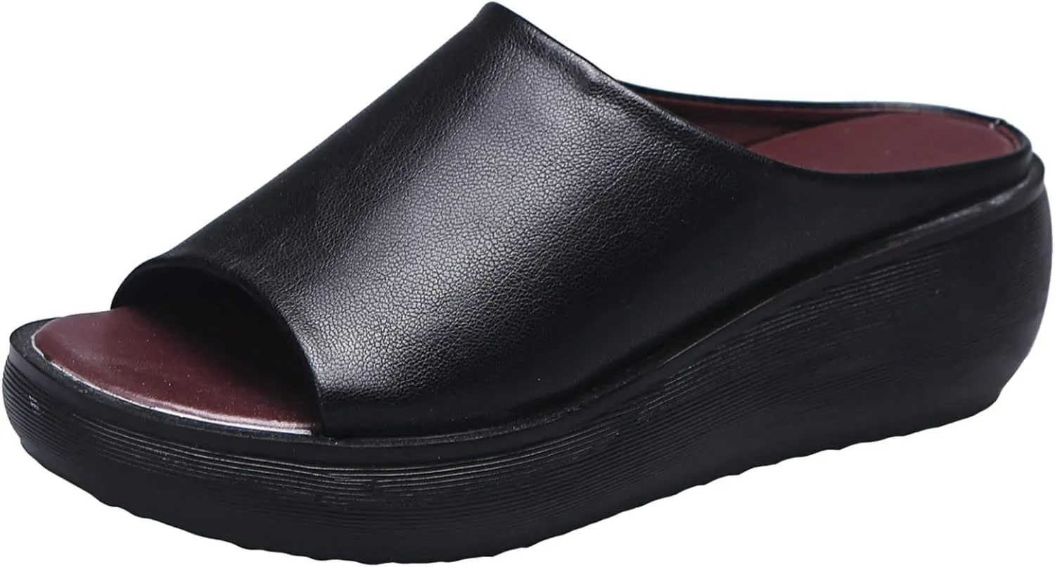 Cathalem Orthopedic Sandals for Women Comfortable Orthotic Leather Wedges Slides Dressy Platform Heel Arch Support Sandals