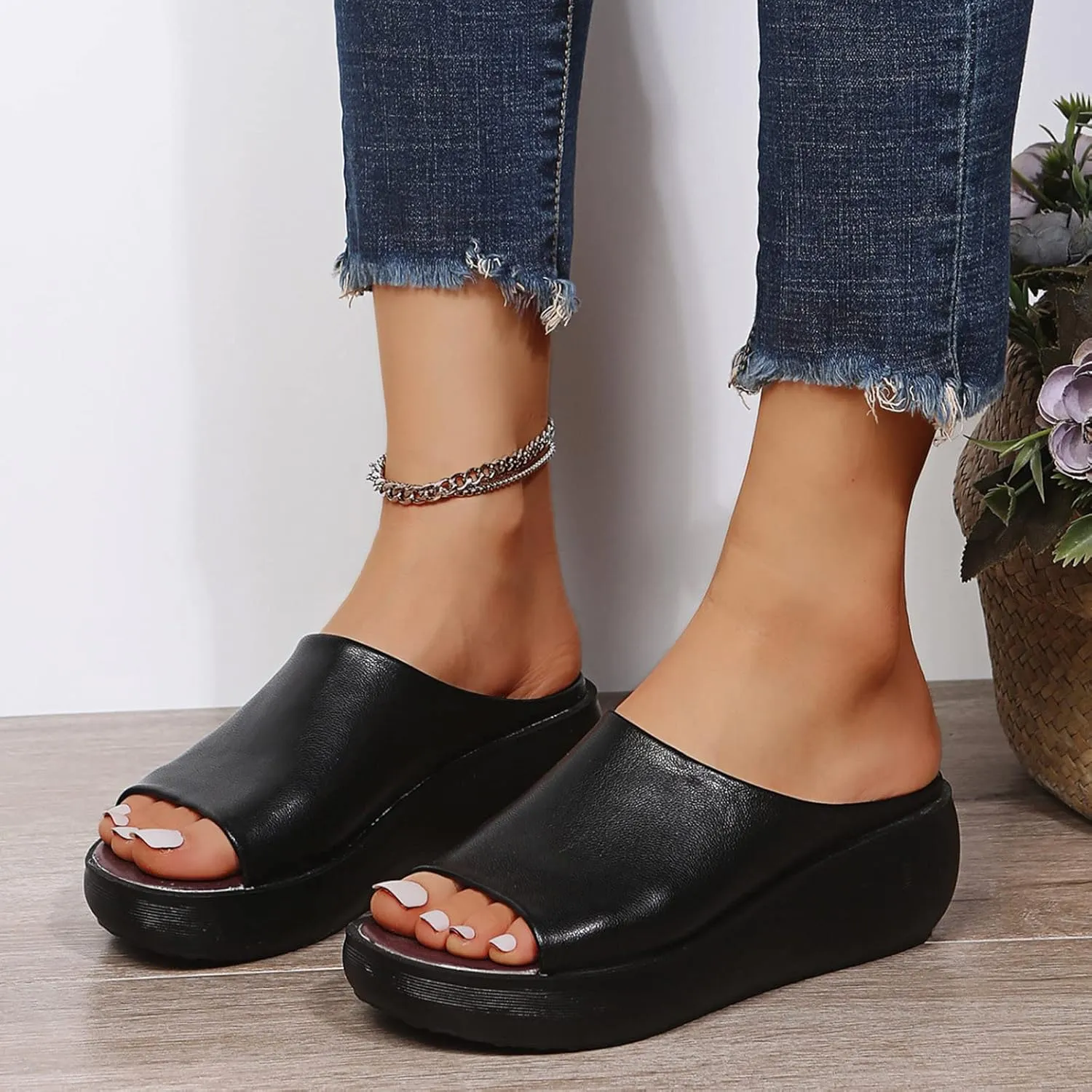 Cathalem Orthopedic Sandals for Women Comfortable Orthotic Leather Wedges Slides Dressy Platform Heel Arch Support Sandals