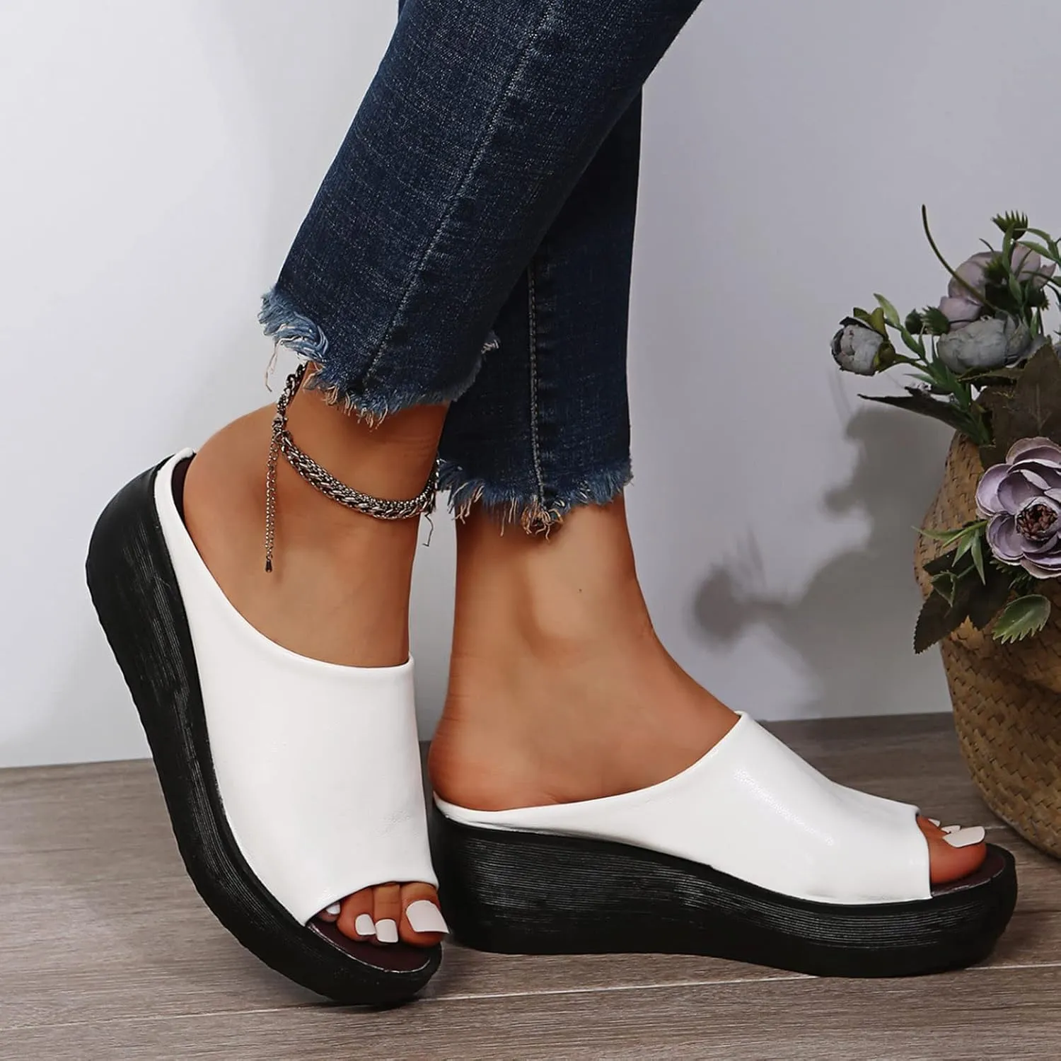 Cathalem Orthopedic Wedge Sandals for Women Comfortable Orthotic Leather Wedge Slides Platform Heel Arch Support Slip Sandals