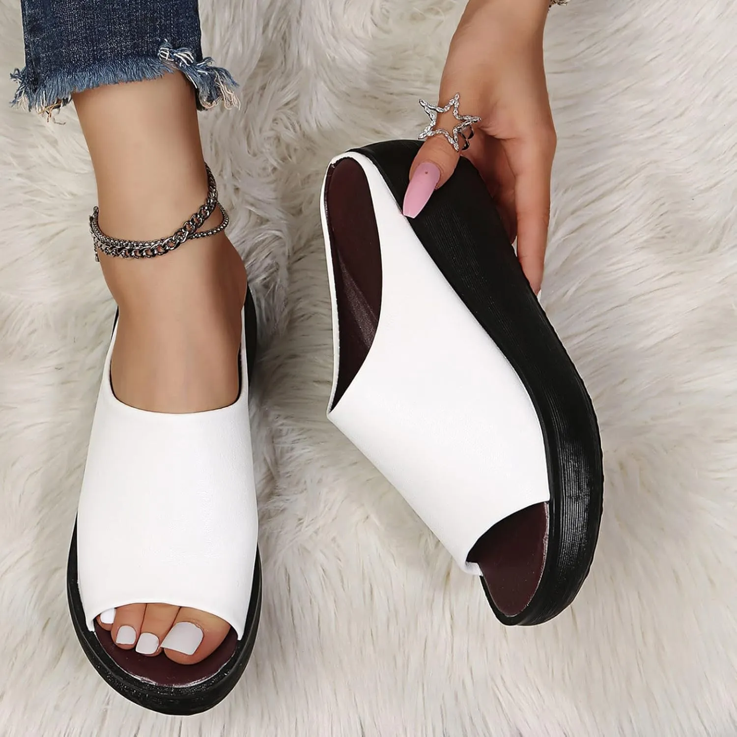 Cathalem Orthopedic Wedge Sandals for Women Comfortable Orthotic Leather Wedge Slides Platform Heel Arch Support Slip Sandals