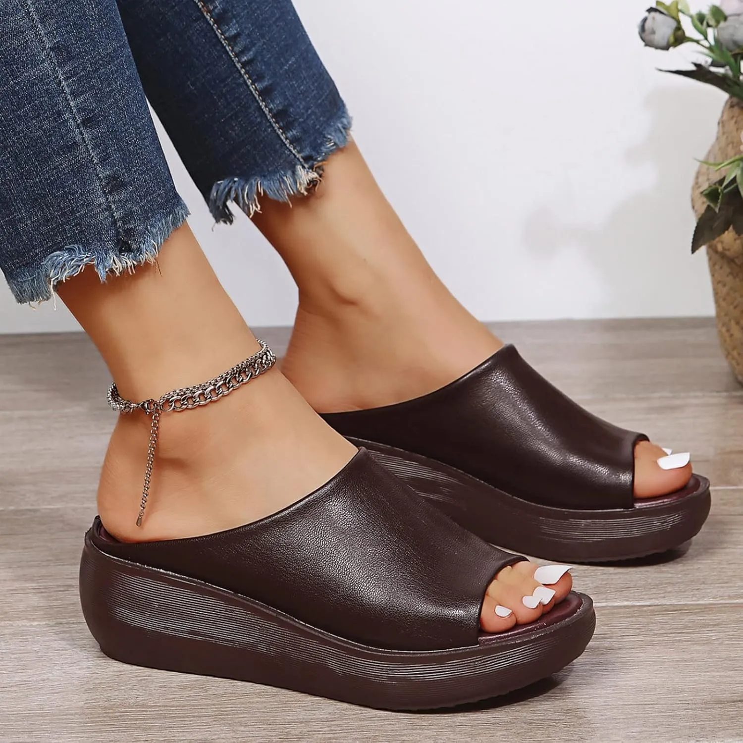 Cathalem Orthopedic Wedge Sandals for Women Comfortable Orthotic Leather Wedge Slides Platform Heel Arch Support Slip Sandals