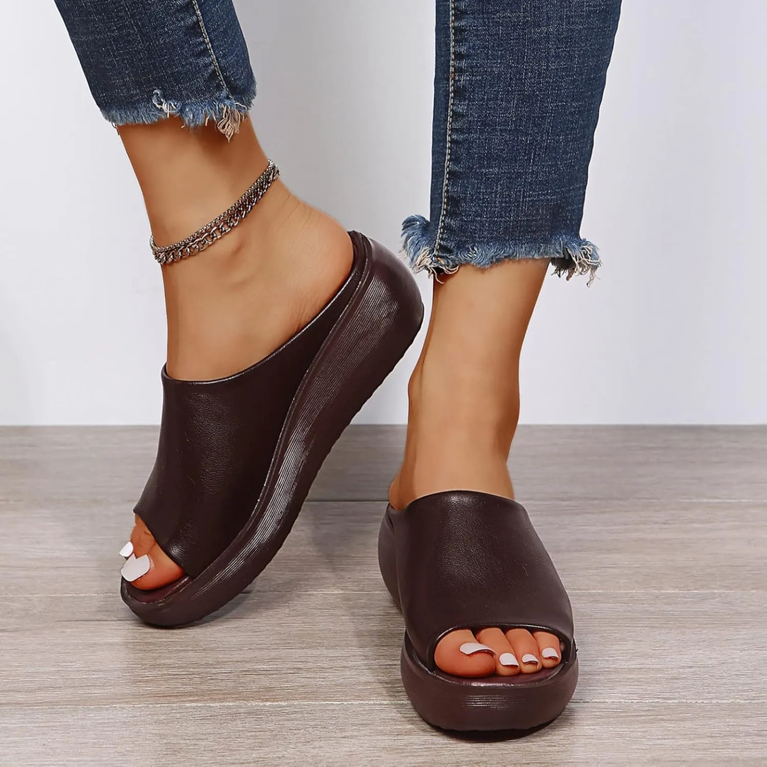Cathalem Orthopedic Wedge Sandals for Women Comfortable Orthotic Leather Wedge Slides Platform Heel Arch Support Slip Sandals