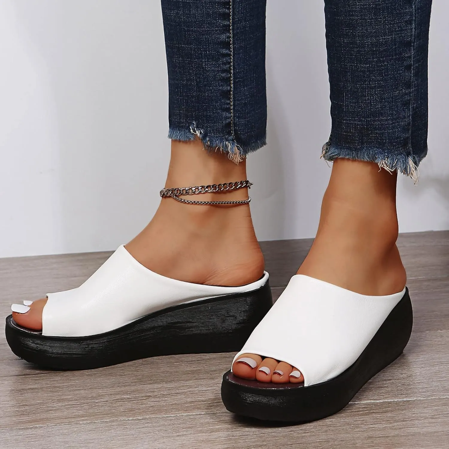 Cathalem Orthopedic Wedge Sandals for Women Comfortable Orthotic Leather Wedge Slides Platform Heel Arch Support Slip Sandals