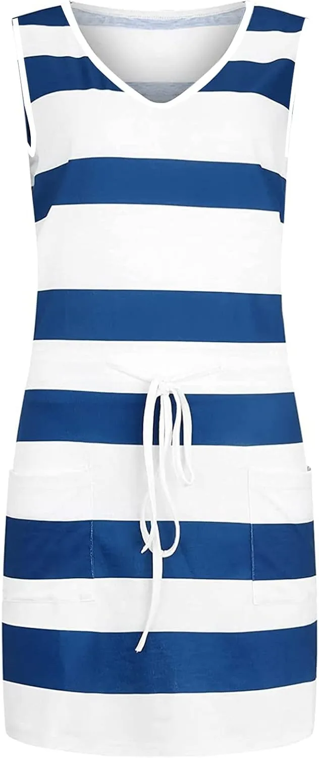 Cbcbtwo Beach Vacation Clothes for Women 2025 Summer Dress Sleeveless Tie Front A-Line Double Layer Hem Mini Dresses