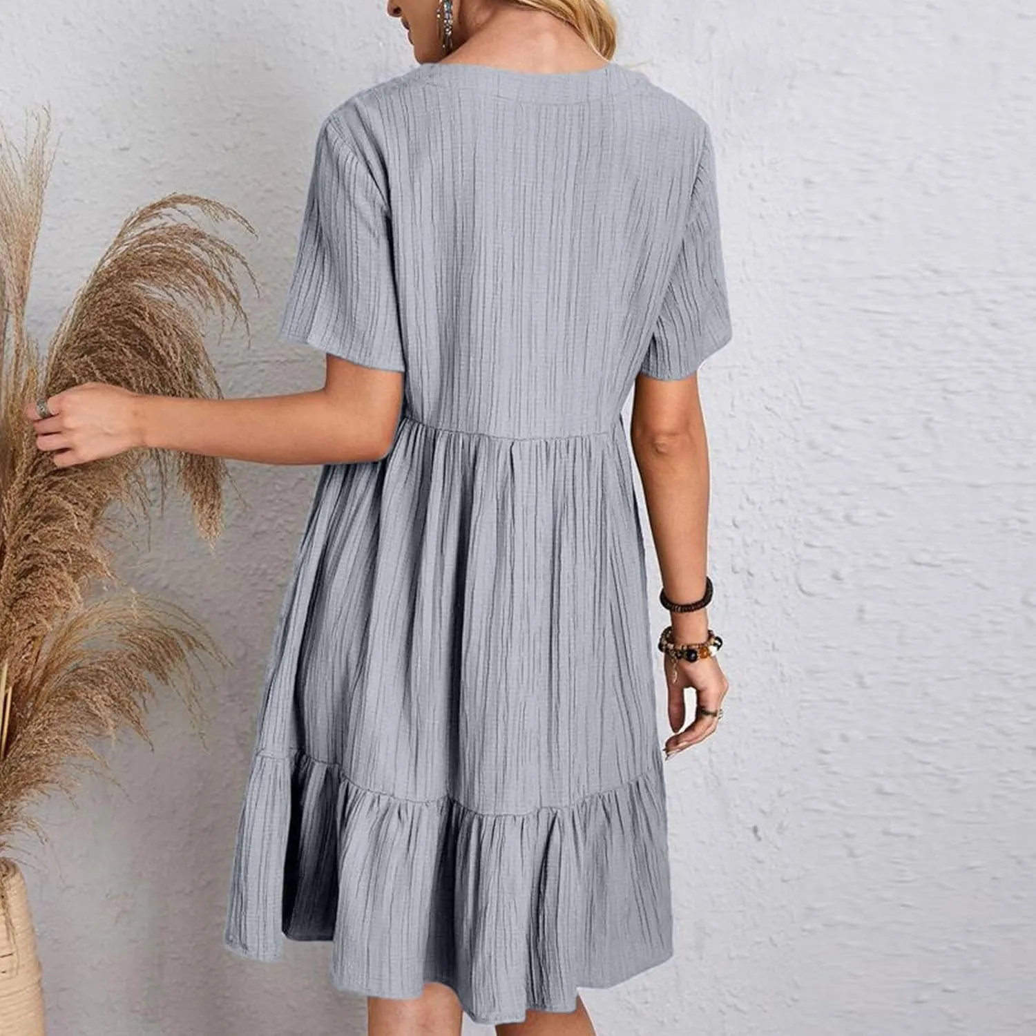 Cbcbtwo Summer Dresses for Women 2025 Casual Loose Fit V Neck Dress Short Sleeve Solid Flowy Sundress Vacation Midi Dress
