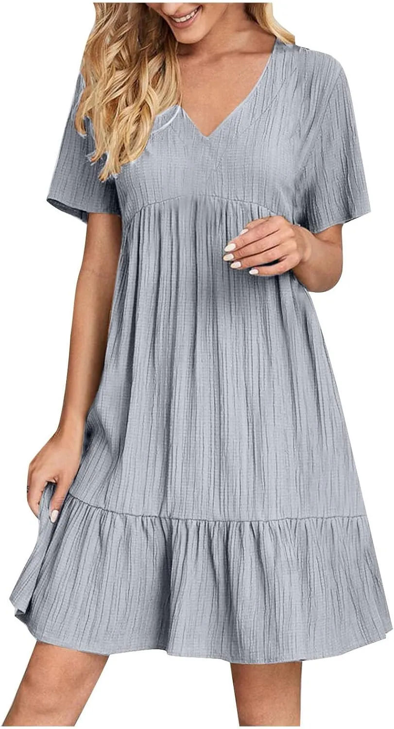 Cbcbtwo Summer Dresses for Women 2025 Casual Loose Fit V Neck Dress Short Sleeve Solid Flowy Sundress Vacation Midi Dress