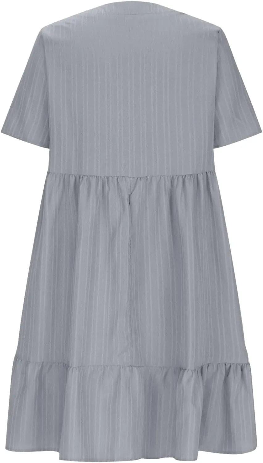 Cbcbtwo Summer Dresses for Women 2025 Casual Loose Fit V Neck Dress Short Sleeve Solid Flowy Sundress Vacation Midi Dress