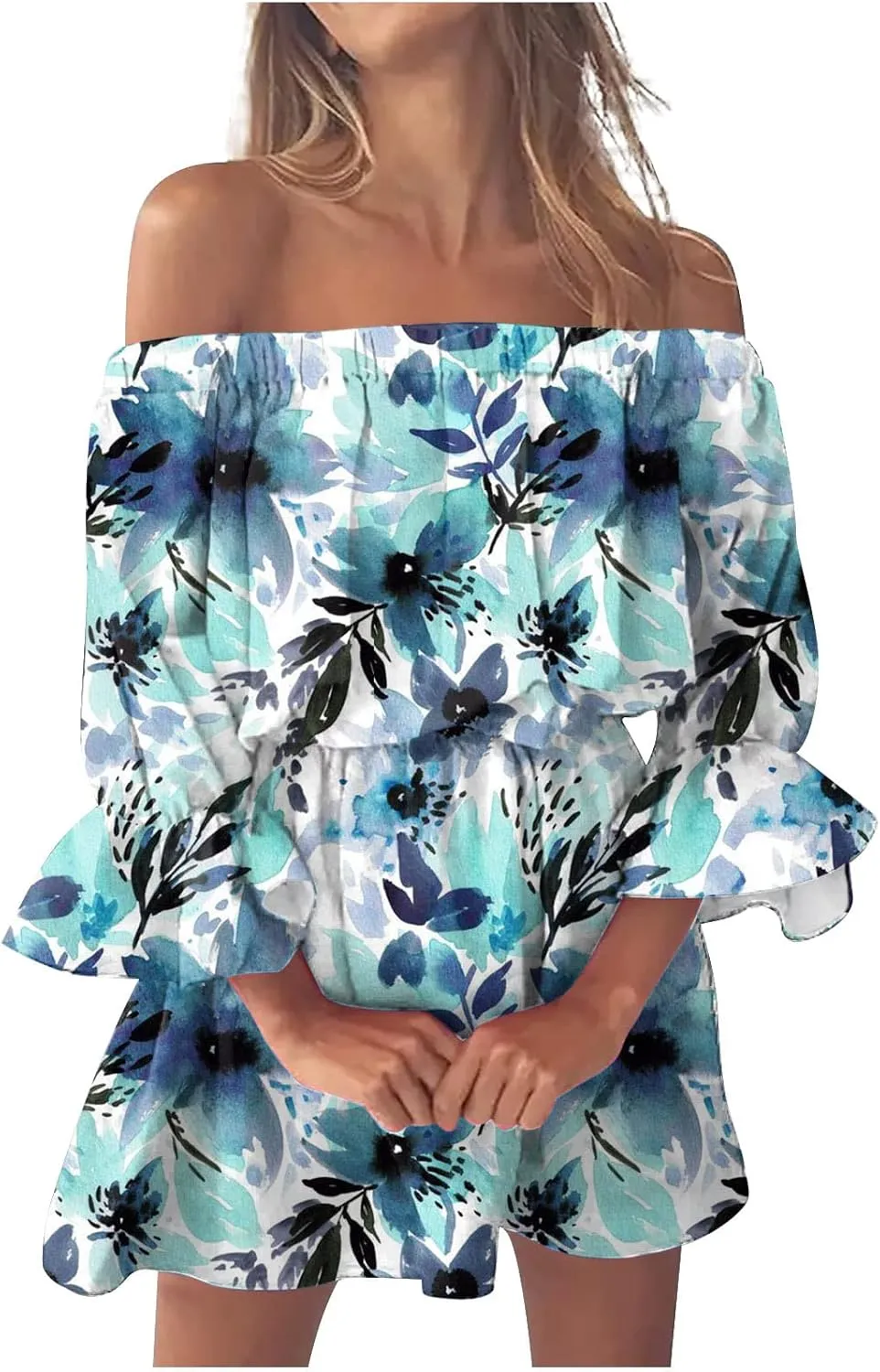 Ceboyel Women Off Shoulder Hawaiian Sundress Boho Ruffle Dresses Swing Beach Dress Sexy Casual Tropical Vacation Clothes