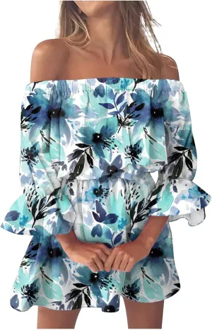 Ceboyel Women Off Shoulder Hawaiian Sundress Boho Ruffle Dresses Swing Beach Dress Sexy Casual Tropical Vacation Clothes