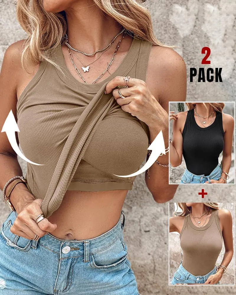 CHICME 2 Piece Tank Tops with Built in Bras Athletic Tank Tops for Women Ribbed Tank Top Fitness Workout Running Tops