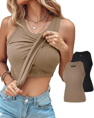 CHICME 2 Piece Tank Tops with Built in Bras Athletic Tank Tops for Women Ribbed Tank Top Fitness Workout Running Tops