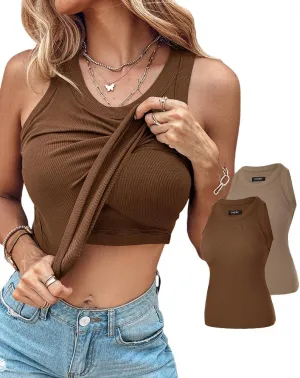 CHICME 2 Piece Tank Tops with Built in Bras Athletic Tank Tops for Women Ribbed Tank Top Fitness Workout Running Tops