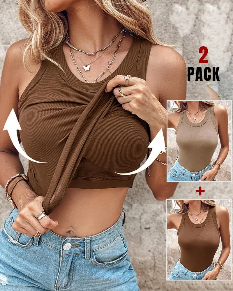 CHICME 2 Piece Tank Tops with Built in Bras Athletic Tank Tops for Women Ribbed Tank Top Fitness Workout Running Tops