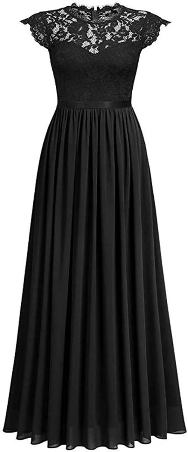 Chiffon Dress Lace Stitching Maxi Dress Bridesmaids Evening Gowns Wedding Guest Dresses Short Sleeve High Waist Dress