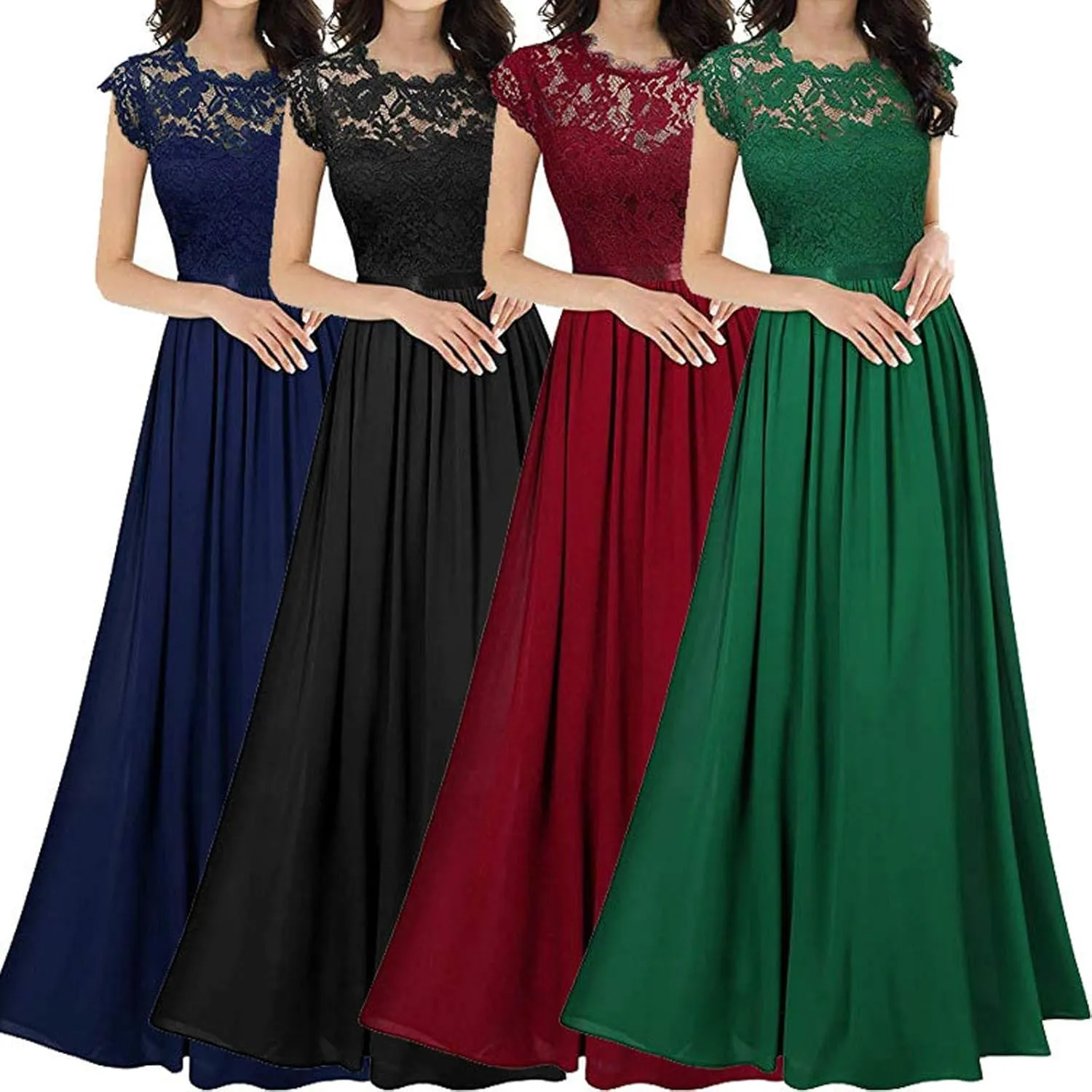 Chiffon Dress Lace Stitching Maxi Dress Bridesmaids Evening Gowns Wedding Guest Dresses Short Sleeve High Waist Dress