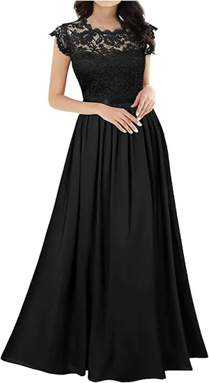 Chiffon Dress Lace Stitching Maxi Dress Bridesmaids Evening Gowns Wedding Guest Dresses Short Sleeve High Waist Dress