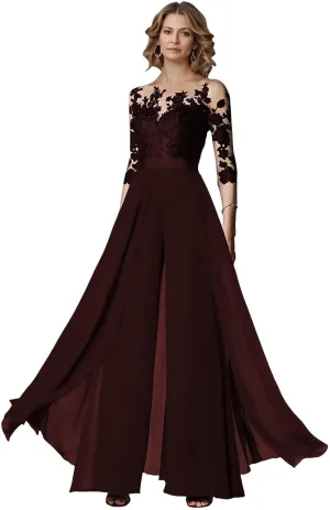 Chiffon Jumpsuits Mother of The Bride Long Sleeve Laces Wedding Formal Pant Suits for Women