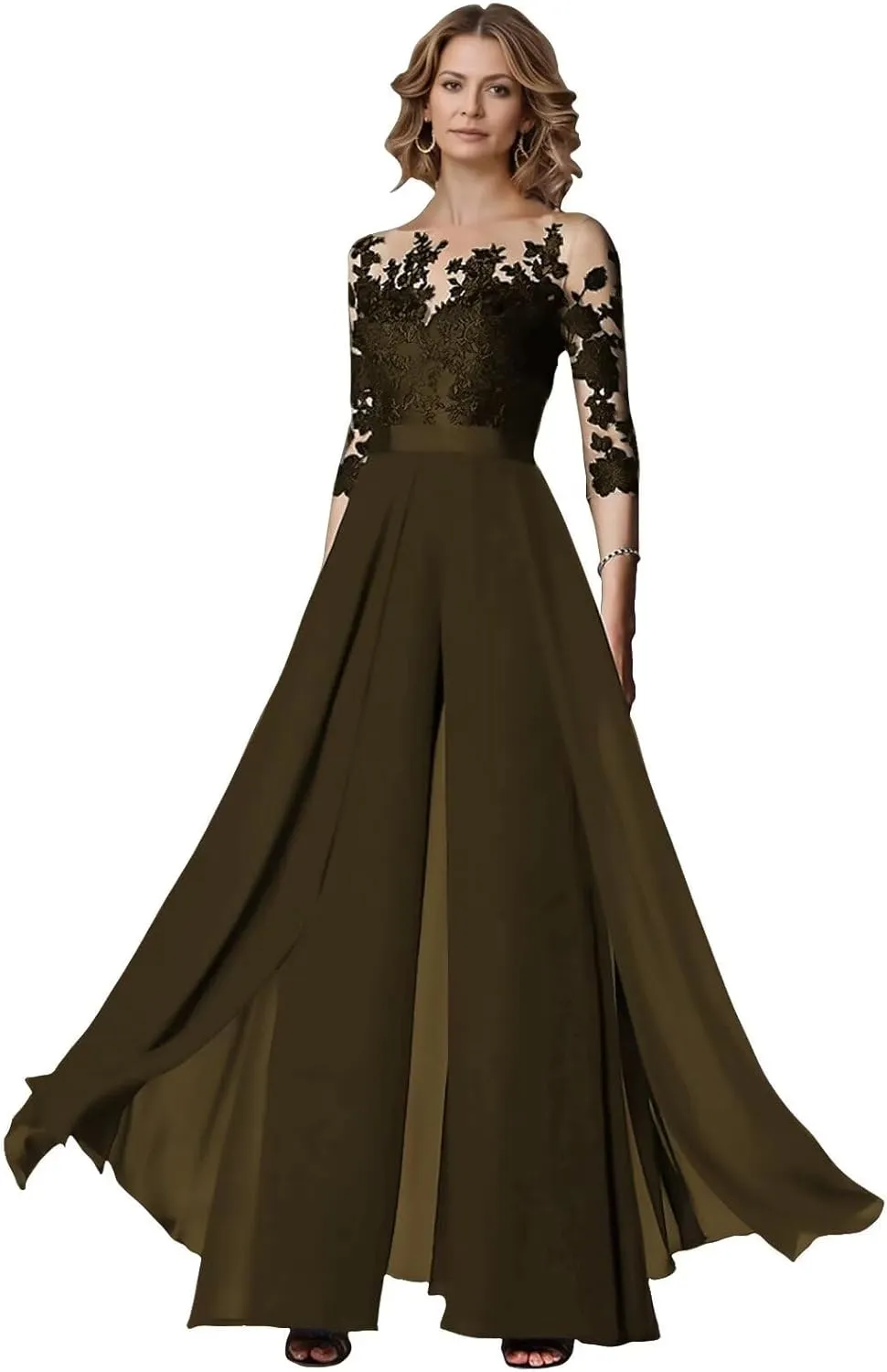 Chiffon Jumpsuits Mother of The Bride Long Sleeve Laces Wedding Formal Pant Suits for Women