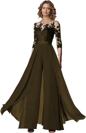 Chiffon Jumpsuits Mother of The Bride Long Sleeve Laces Wedding Formal Pant Suits for Women