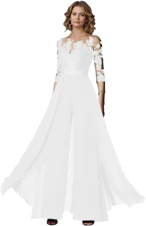 Chiffon Jumpsuits Mother of The Bride Long Sleeve Laces Wedding Formal Pant Suits for Women